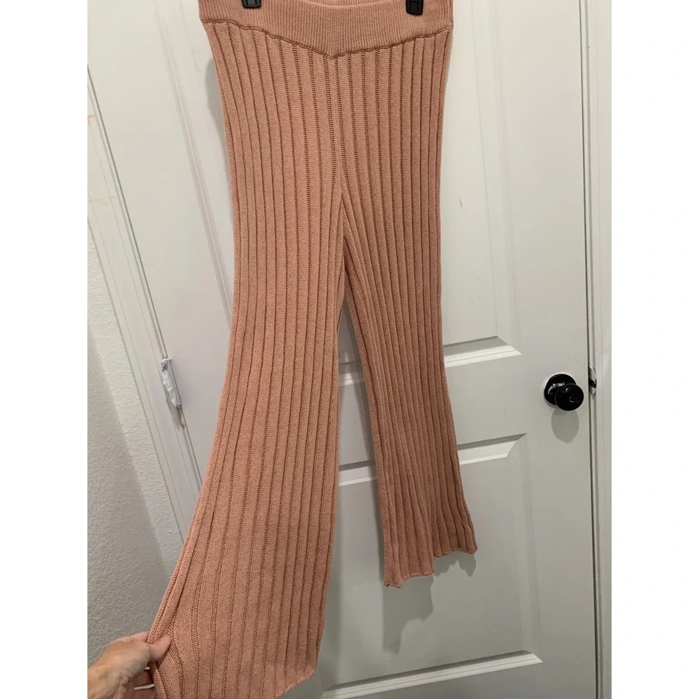 Free People Beach Rib Knit Wide Leg Pants Dusty Rose Pink XL Boho Loungewear